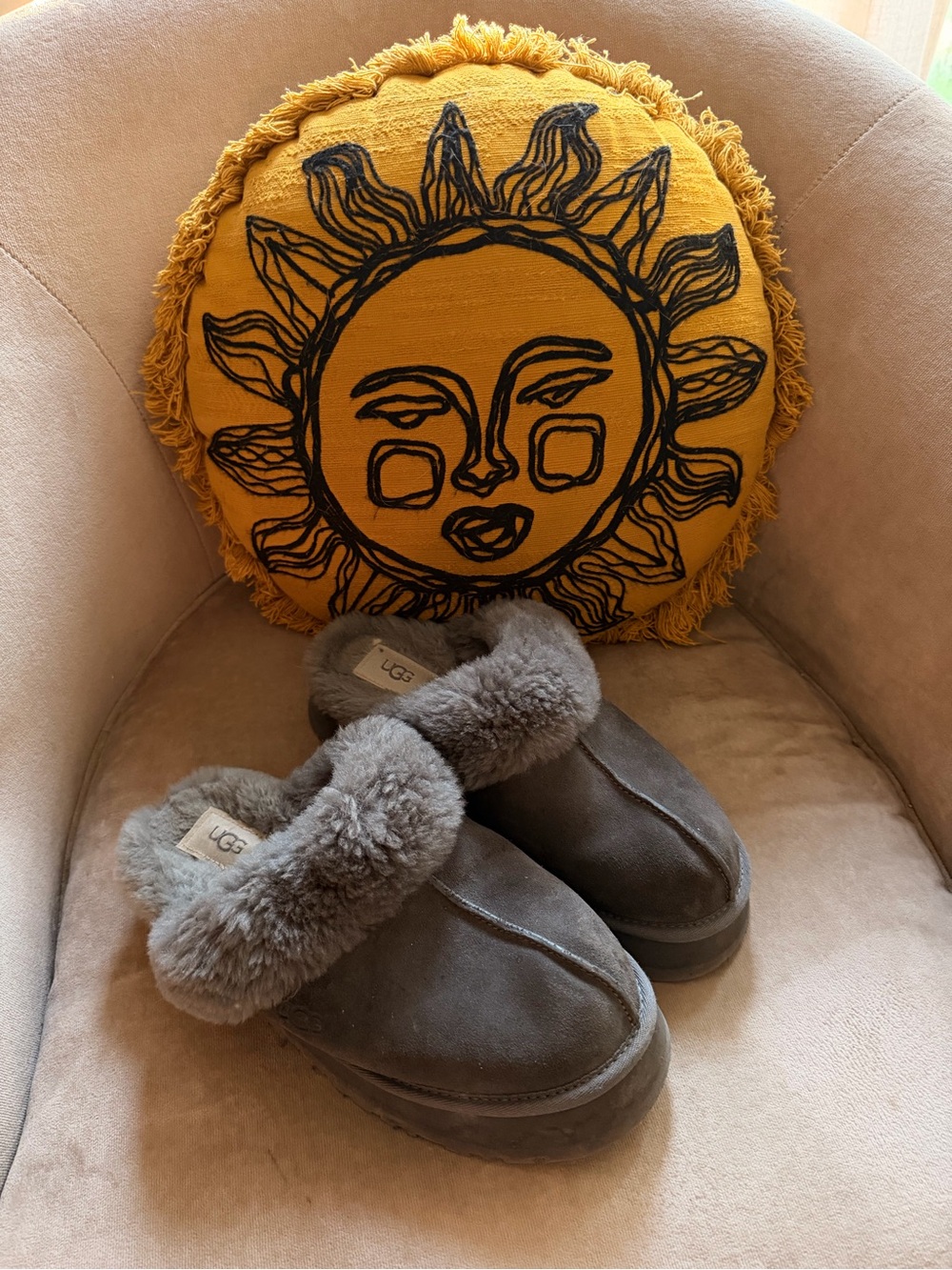 UGG Gray Suede Shearling Platform Slipper Clog